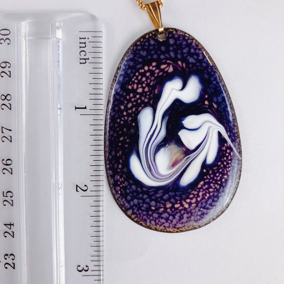 Mid Century Enamel Pendant Purple White Abstract VTG 1960s Necklace Modernist - Picture 10 of 14